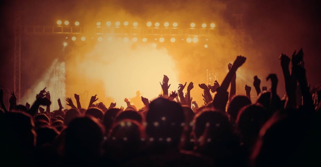 Energetic music concert with a vibrant crowd cheering under bright stage lights.